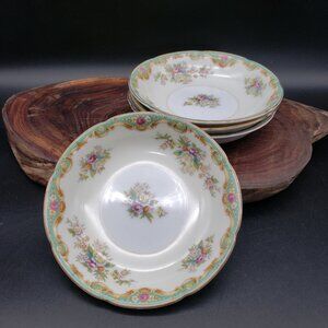 Rembrandt Berry Bowls 5" Set of 4 Green Floral Gold Trim Vintage China